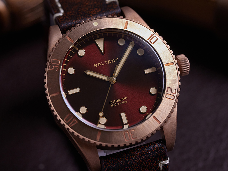Baltany Burgundy Dial Bronze Diver Retro Watch S3016